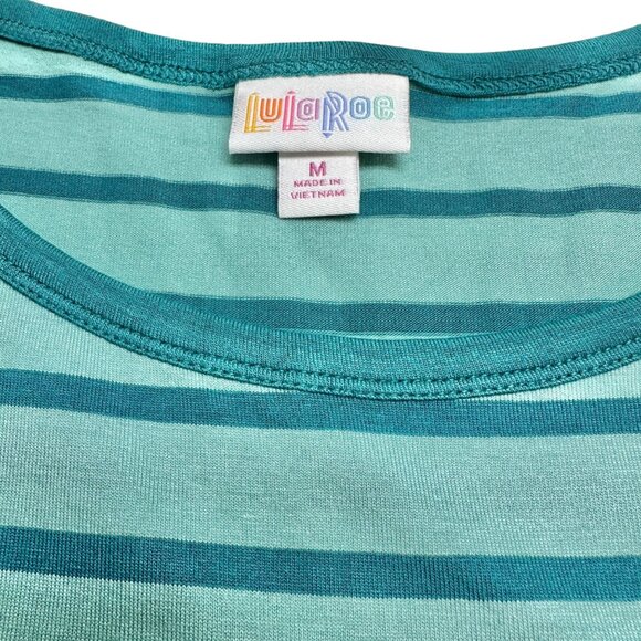 LuLaRoe Retired Julia Dress M Dark and Light Teal Striped SS Form Fitting NWT - Picture 3 of 8